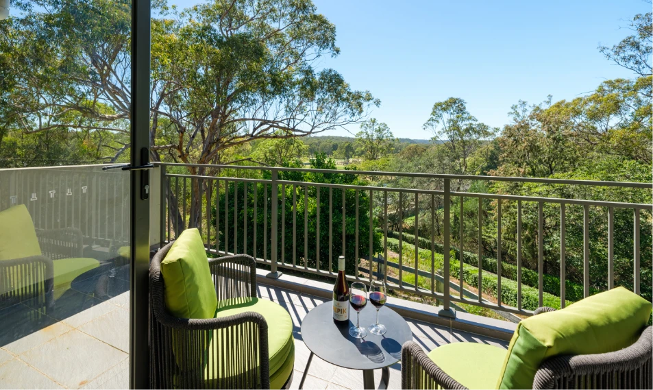 Riverside Oaks Executive Suite balcony overlooking Hawkesbury bushland