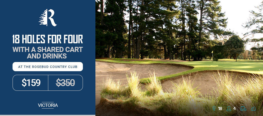 Play one of Melbourne's True Gems! 18 Holes for 4 at the <em>Stunning Rosebud Country Club.</em> Includes two shared motorised carts and a drink each after your round. 