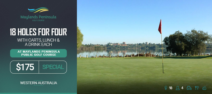 18 Holes for FOUR in motorised carts at <em> Maylands Peninsula Public Golf Course! </em> Lunch & a Drink each after your game.