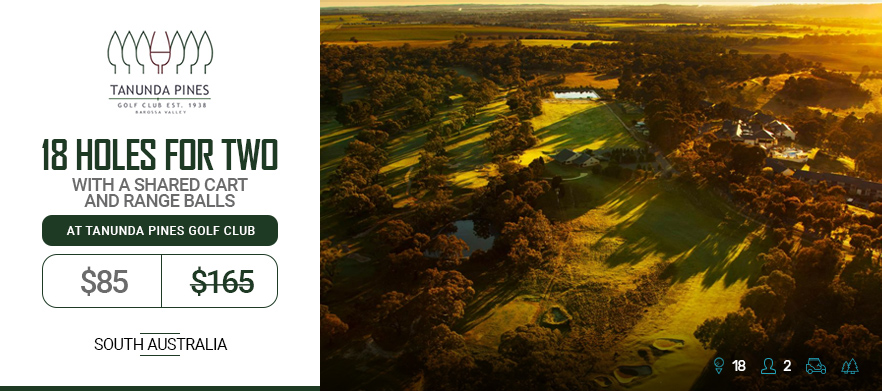 Play one of South Australia's premier golf courses! 18 Holes for 2 at the <em>Stunning Tanunda Pines Golf Club.</em> Includes a shared motorised cart and a bucket of range balls each.