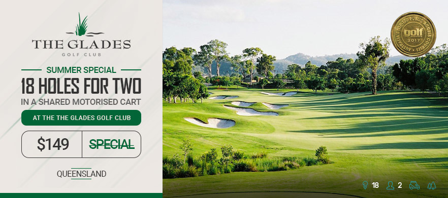Play 18 holes at one of Queenslands finest, <em>The Glades Golf Club.</em> Green fees for 2, includes a shared cart. 