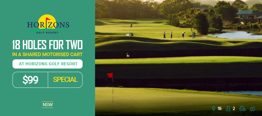 Play the World Class Championship Course at <em>Horizons Golf Resort, Salamander Bay.</em> 18 Holes for TWO in a Motorised Cart.  7 Day Bookings. 