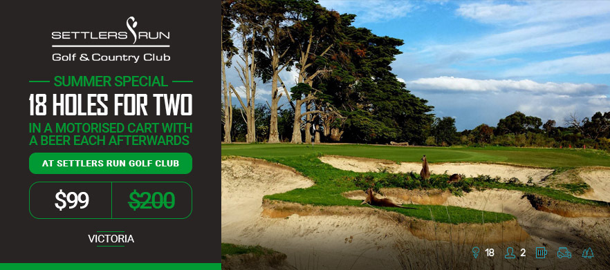 <em>Play one of Australia's top 40 golf courses!</em> 18 holes for 2 in a motorised cart at the beautiful Settlers Run Golf Club with a beer each after your round. 