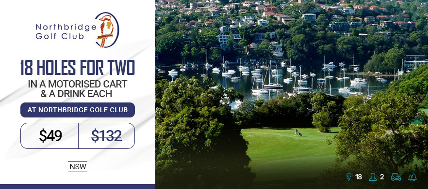 Amazing Views of Sydney's beautiful Middle Harbour from the course at <em>Northbridge Golf Club.</em> Enjoy 18 Holes for 2 with Cart & a Drink each at the club: 