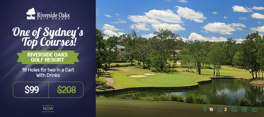 <em>One of Sydney's Top Courses!</em> 18 Holes for Two with a at the <em>Beautiful Riverside Oaks Golf Resort!</em> Includes a shared motorised cart & drinks. 