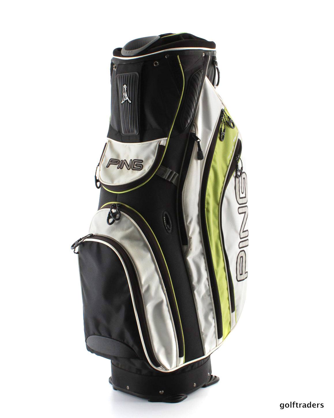 PING PIONEER GOLF CART BAG BLACK/WHITE/LIME + RAIN HOOD USED D6002