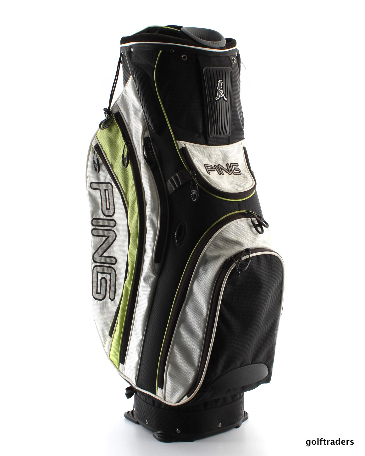 PING PIONEER GOLF CART BAG BLACK/WHITE/LIME + RAIN HOOD USED D6002
