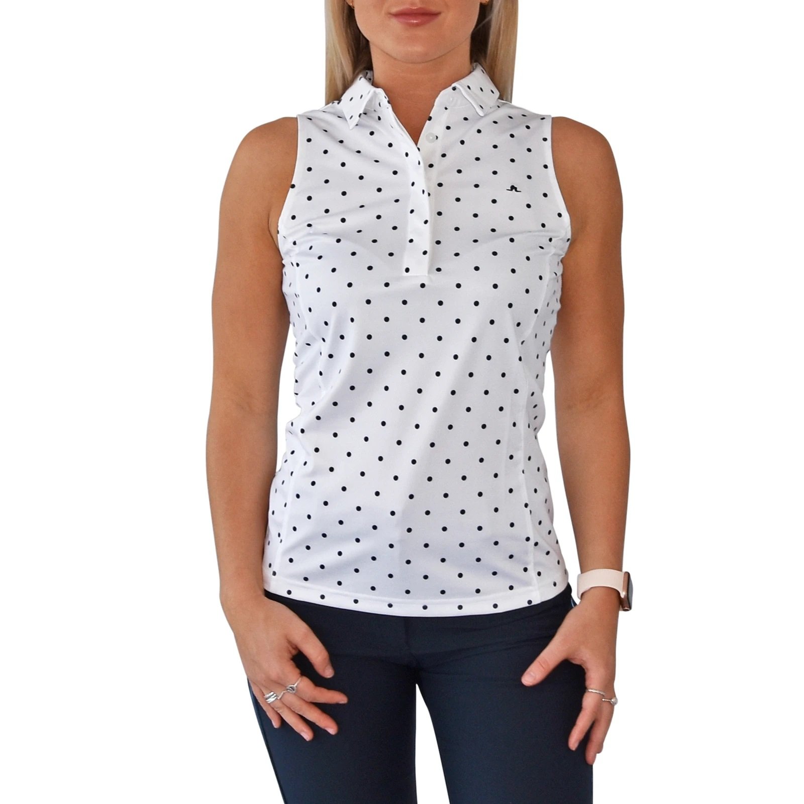 J.Lindeberg Women's Dena Sleeveless Golf Shirt Polka Dot White/Navy just 135.00