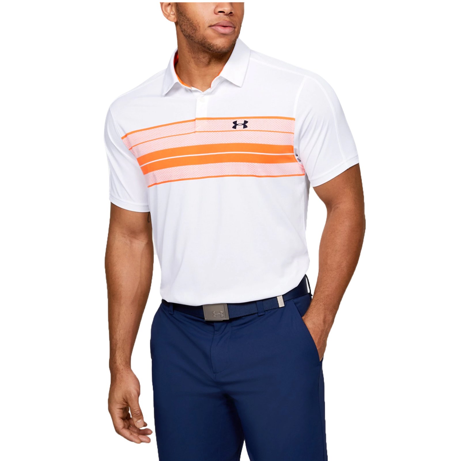 Under Armour Vanish Chest Stripe Polo Golf Shirt White/Orange just