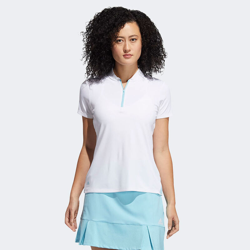 adidas Golf Womens White and Light Blue HEAT.RDY Zip Short Sleeve Golf