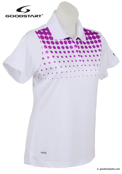 Women's White and Purple Spot Polo Short Sleeve Golf TShirt just 35.00, save 24.95!