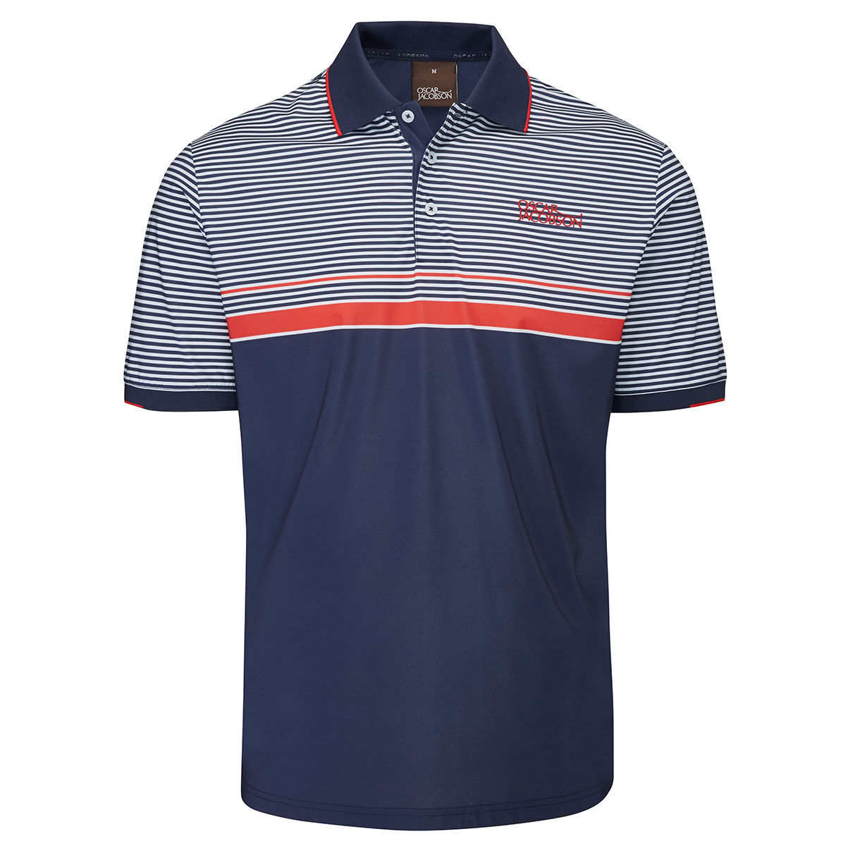 Oscar Jacobson Mens Navy Blue and Red Lightweight Stripe Chalfort Golf Polo Shirt just Â£64.99