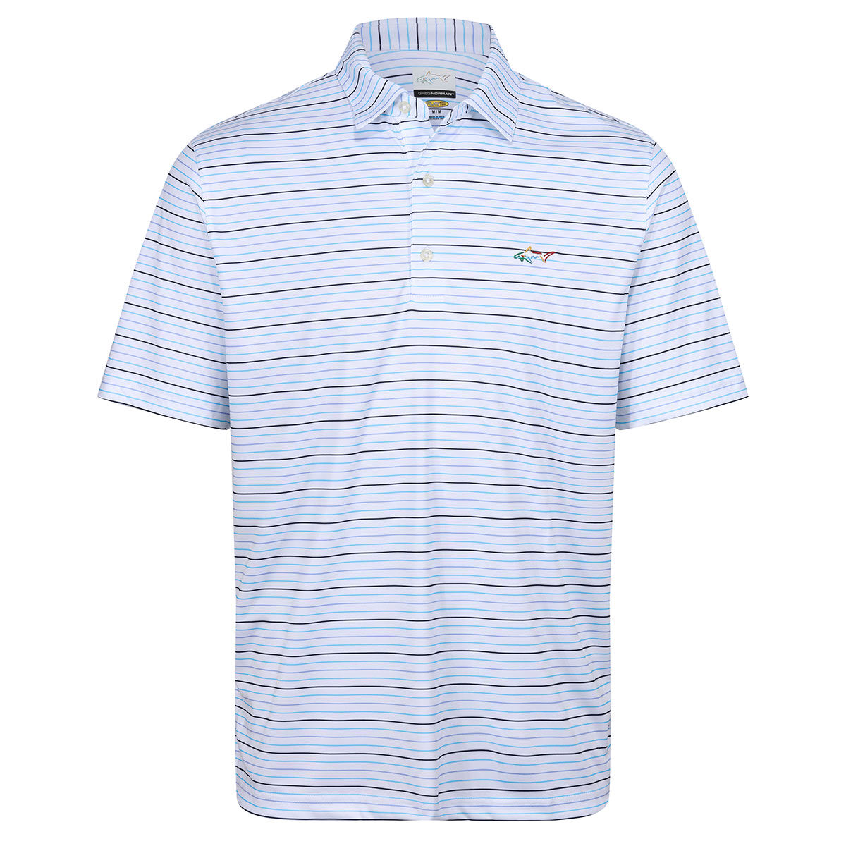 Greg Norman Mens White and Blue Lightweight Stripe Golf Polo Shirt just