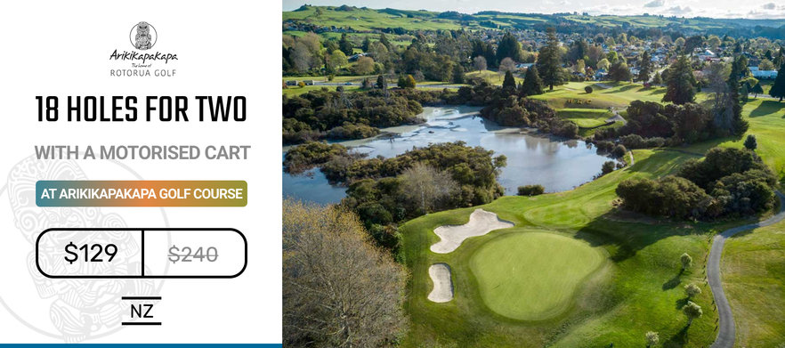 18 holes for TWO with a Motorised Cart at the stunning Rotorua Golf Club.