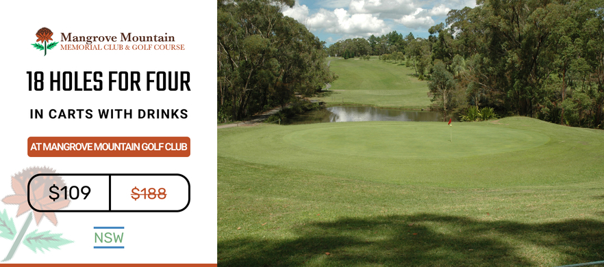 Play 18 holes at <em>Mangrove Mountain Golf Club.</em> Green fees for 4 with 2 carts and drinks  