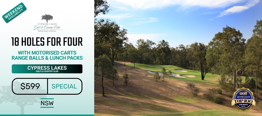 Golf for Four at the breathtaking Cypress Lakes Golf & Country Club in the heart of the Hunter Valley. 18 holes for FOUR in Two Motorised Carts with Lunch Packs & Range Balls each!
