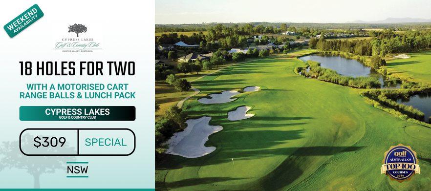 Golf for Two at the breathtaking Cypress Lakes Golf & Country Club in the heart of the Hunter Valley. 18 holes for TWO in a Motorised Cart with  Lunch Packs & Range Balls each!