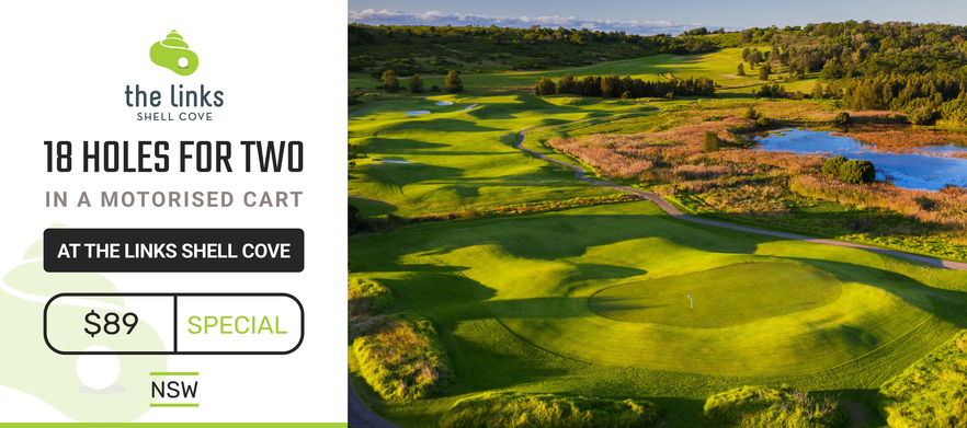 <em>Put your Links Golf to the test!</em> 18 Holes for Two at the <em>Beautiful Links Shell Cove.</em> Includes a shared motorised cart. 