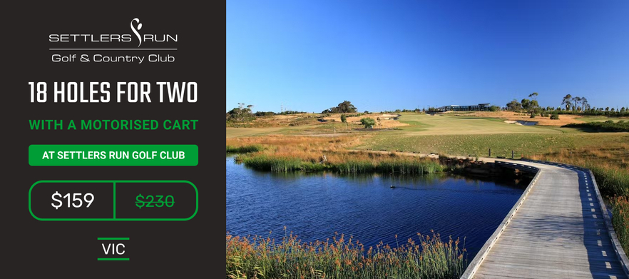 <em>Play one of Australia's top 40 golf courses!</em> 18 holes for 2 in a motorised cart at the beautiful Settlers Run Golf Club.