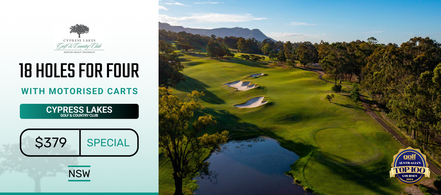 Golf for Four at the breathtaking Cypress Lakes Golf & Country Club in the heart of the Hunter Valley. 18 holes for FOUR in Two Motorised Carts!