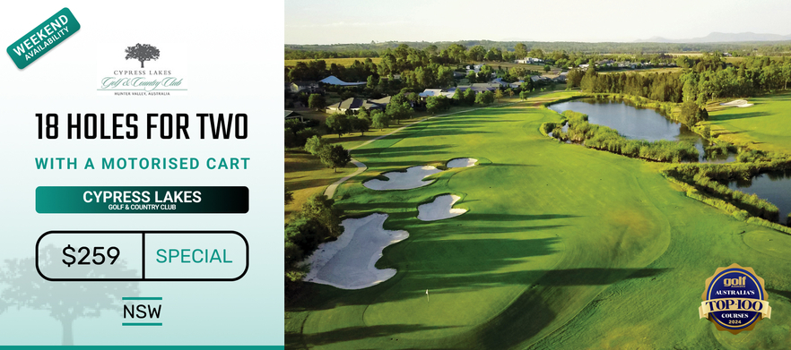 Golf for Two at the breathtaking Cypress Lakes Golf & Country Club in the heart of the Hunter Valley. 18 holes for TWO in a Motorised Cart!