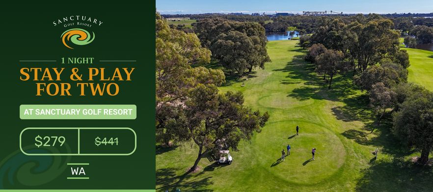 <b>Discover one of WA's Hidden Gems!</b> Stay and Play for Two at the South West's Premier Golf Course, Sanctuary Golf Resort. Includes Golf, Breakfast, Drinks, Range Balls & More!
