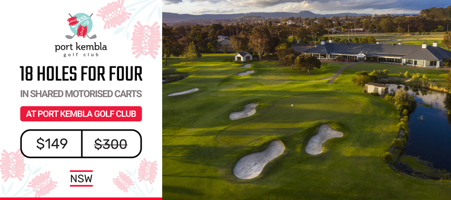 <em>Discover one of NSW’s hidden gems!</em> 18 Holes for four at the beautiful <em>Port Kembla Golf Club!</em> Includes shared motorised carts.