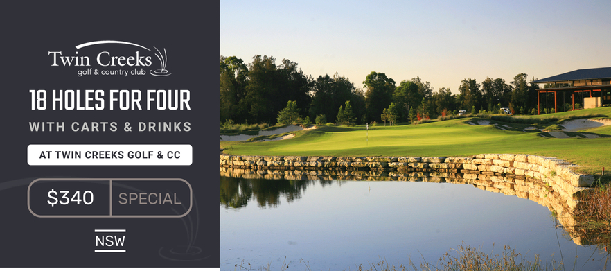 <em>Discover one of Sydney's True Gems!</em> 18 Holes for Four at the <em>Beautiful Twin Creeks Golf & Country Club.</em> Includes shared motorised carts and a drink each after your round!